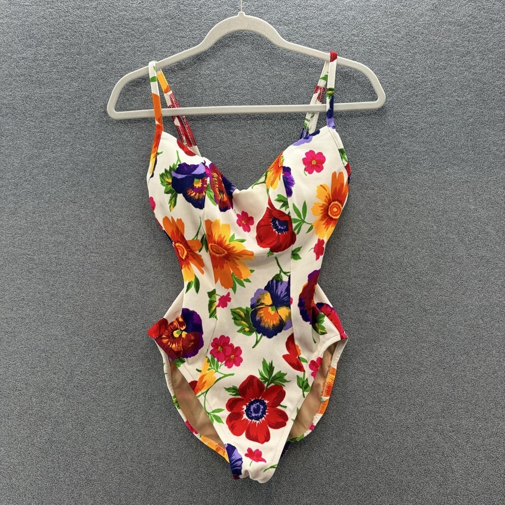 VTG 80s Illusions Cole Swimsuit Womens 12 White Colorful Floral One Piece USA